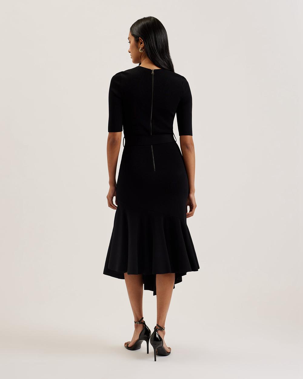 Women Ted Baker SAMALEE - Flippy Hem Knitted Midi Dresses Black | NZKV83206