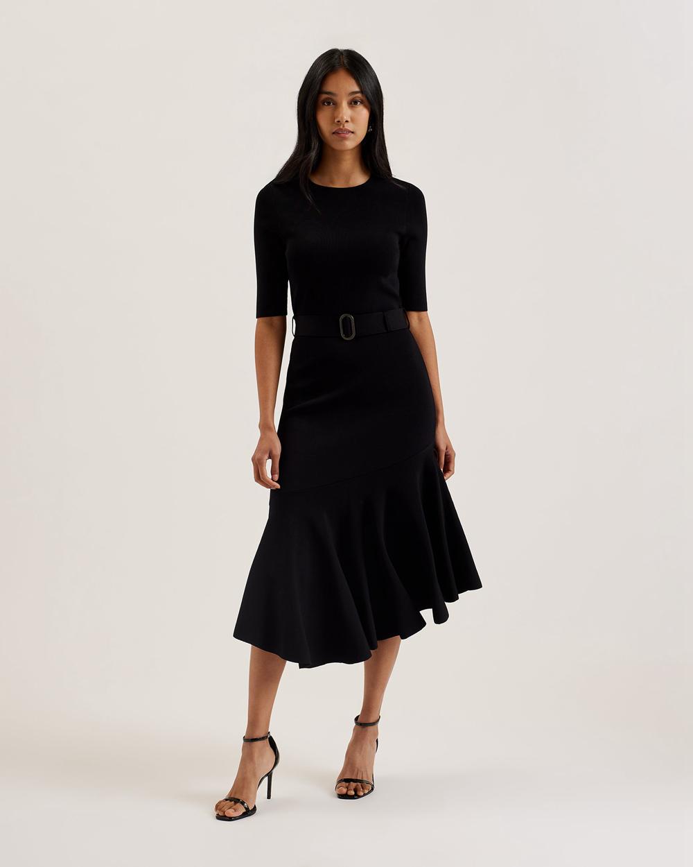 Women Ted Baker SAMALEE - Flippy Hem Knitted Midi Dresses Black | NZKV83206