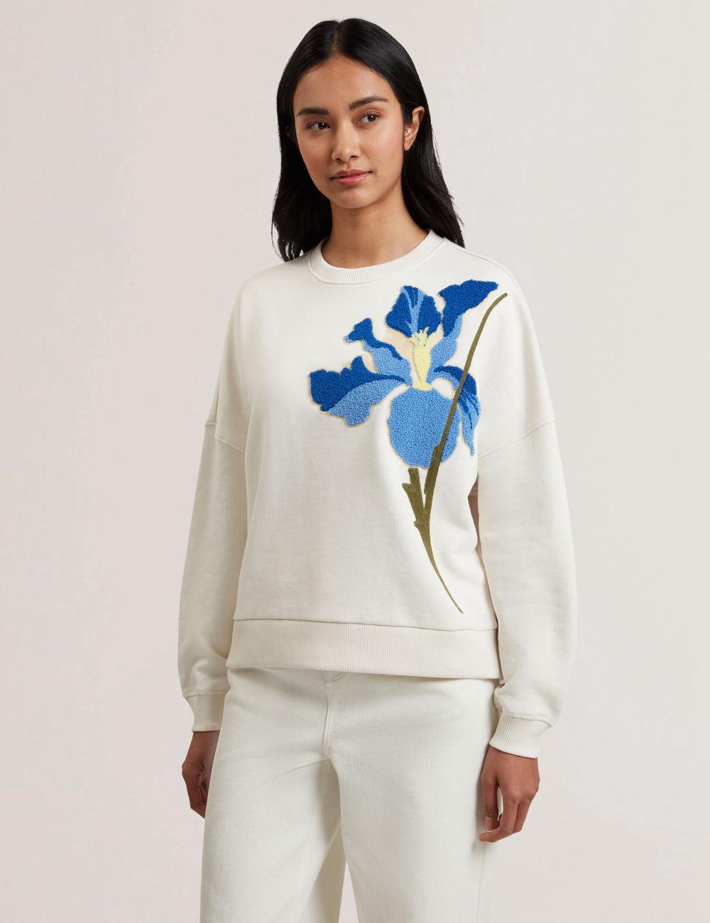 Women Ted Baker SANDERR - Tufted Floral Graphic Cotton Sweatshirts White | INCO10758
