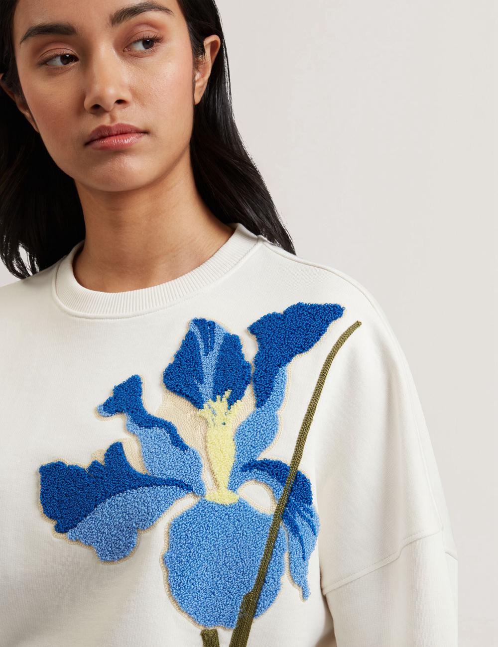 Women Ted Baker SANDERR - Tufted Floral Graphic Cotton Sweatshirts White | INCO10758