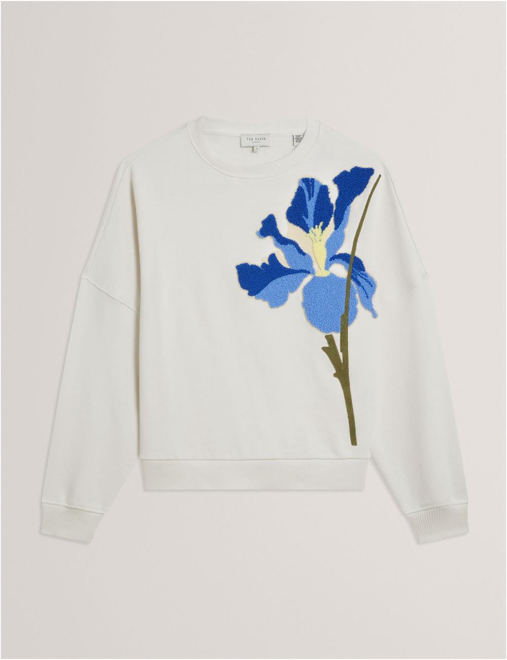 Women Ted Baker SANDERR - Tufted Floral Graphic Cotton Sweatshirts White | INCO10758