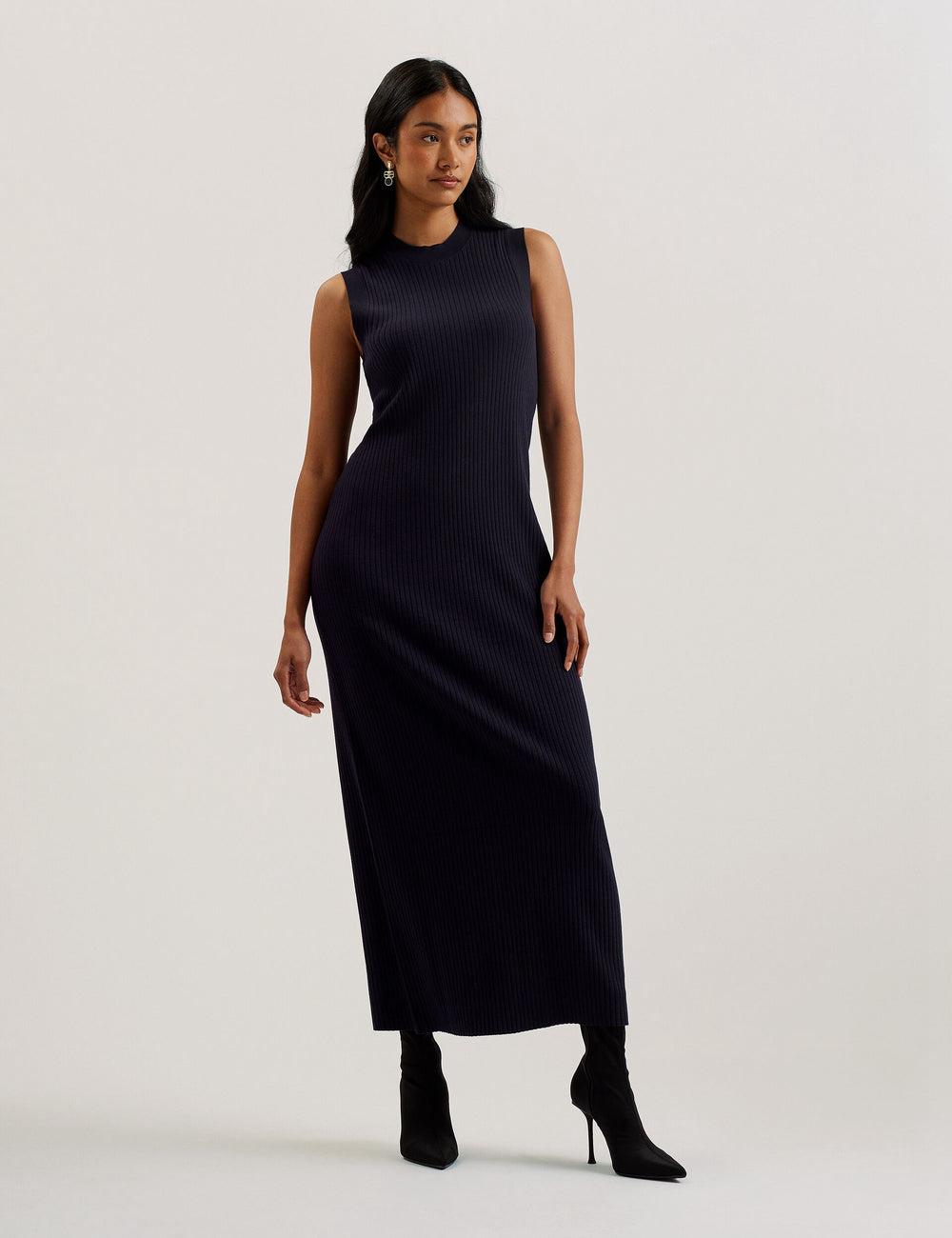 Women Ted Baker SANDIII - Sleeveless Ribbed Knit Column Maxi Dresses Navy | NQOC24395