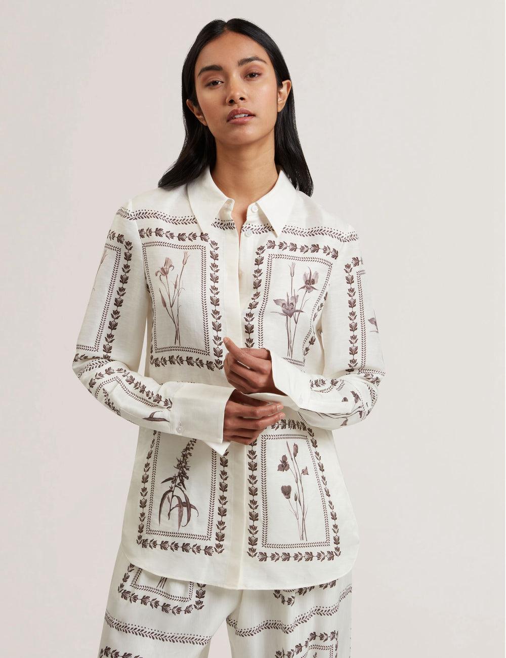 Women Ted Baker SIMCOA - Panel Print Silk Linen Longline Casual Shirts Ivory | WSVN31402