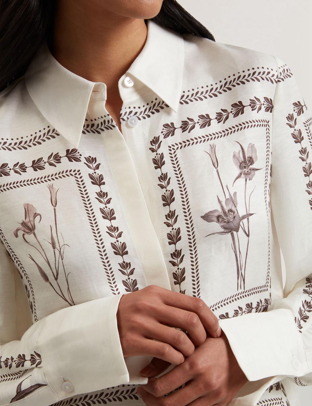 Women Ted Baker SIMCOA - Panel Print Silk Linen Longline Casual Shirts Ivory | WSVN31402