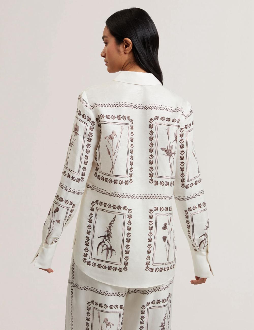Women Ted Baker SIMCOA - Panel Print Silk Linen Longline Casual Shirts Ivory | WSVN31402