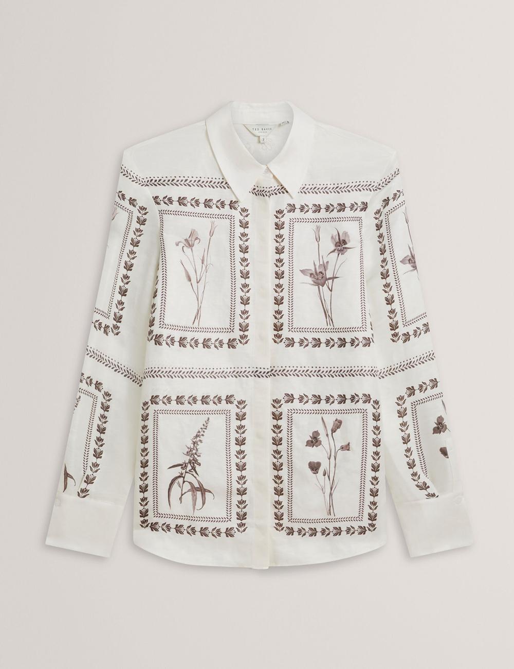Women Ted Baker SIMCOA - Panel Print Silk Linen Longline Casual Shirts Ivory | WSVN31402