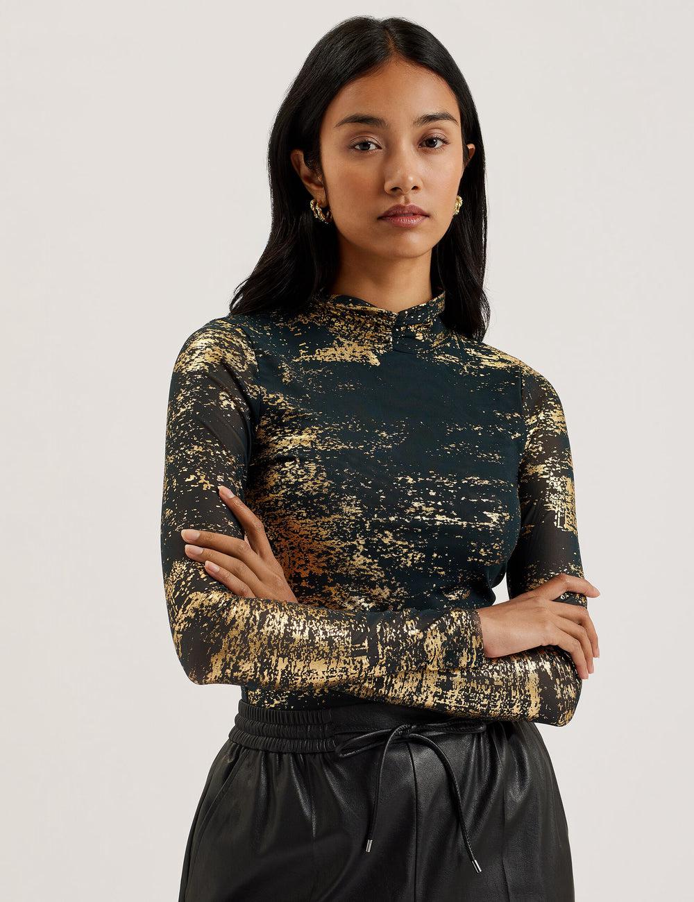 Women Ted Baker SOFIY - Foil Print High Neck Mesh Top Jumpers Dk-Green | EJCM52617