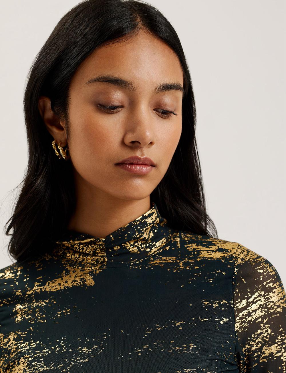Women Ted Baker SOFIY - Foil Print High Neck Mesh Top Jumpers Dk-Green | EJCM52617