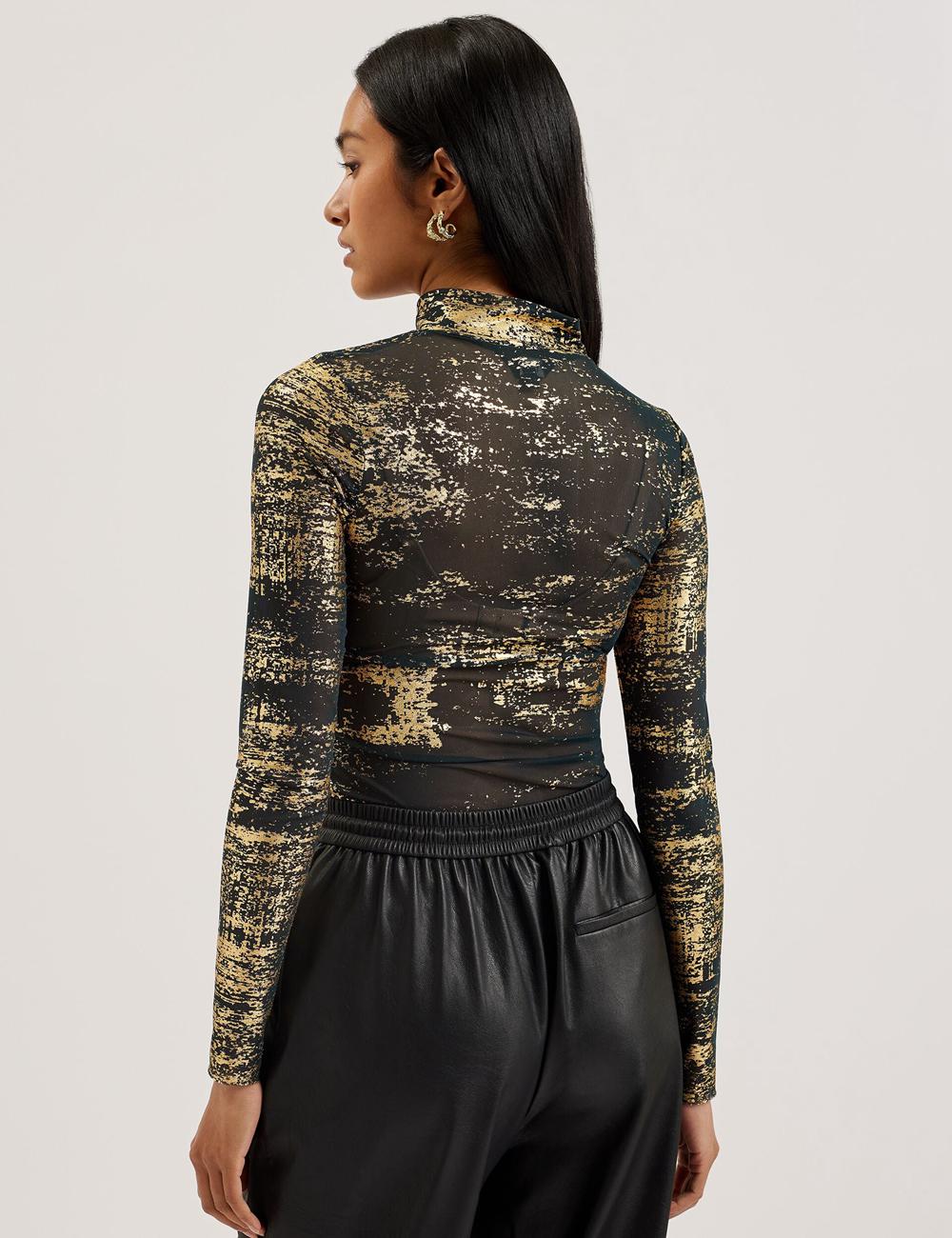 Women Ted Baker SOFIY - Foil Print High Neck Mesh Top Jumpers Dk-Green | EJCM52617