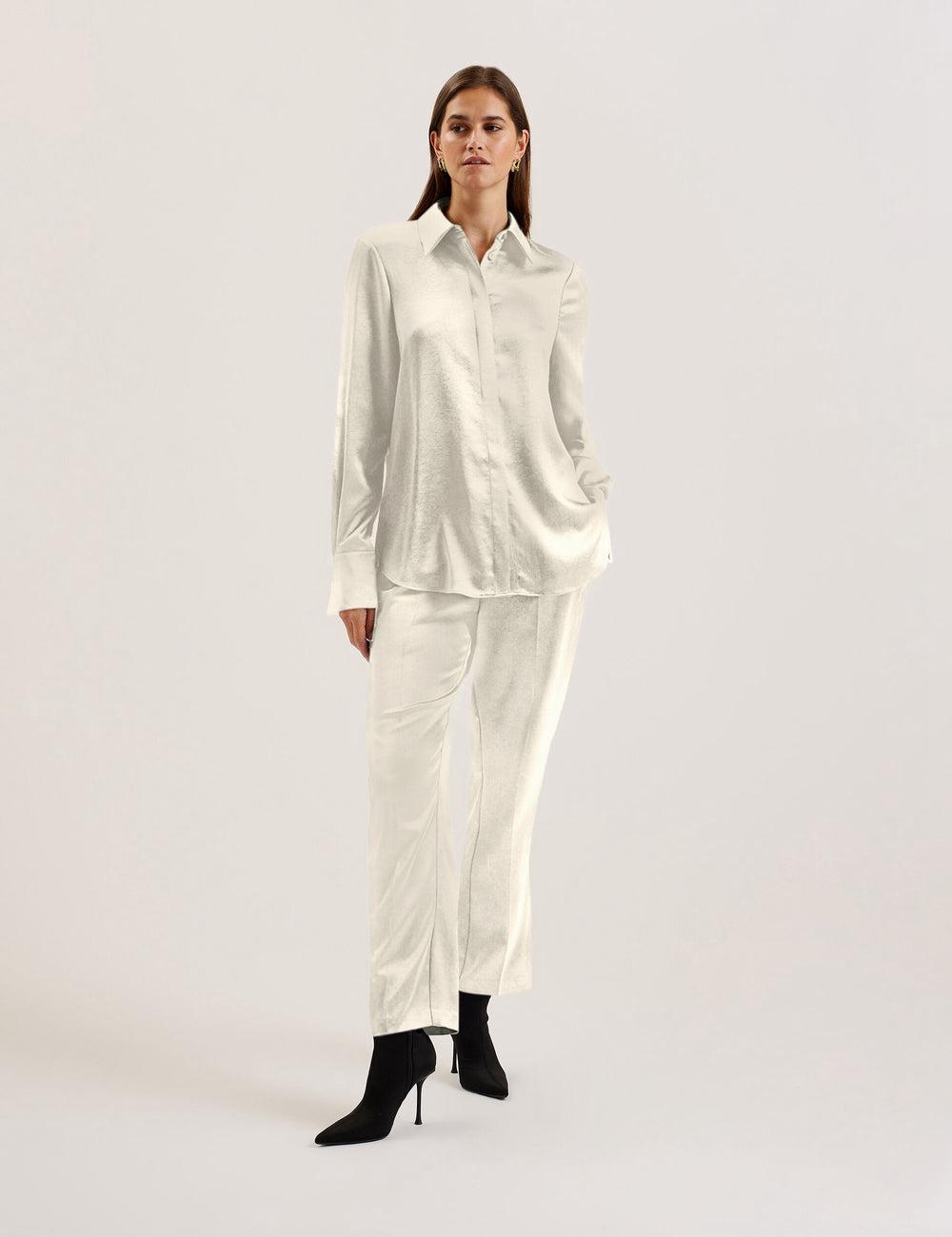 Women Ted Baker SONORA - Satin Longline Covered Placket Formal Shirts Ivory | FOEP06589