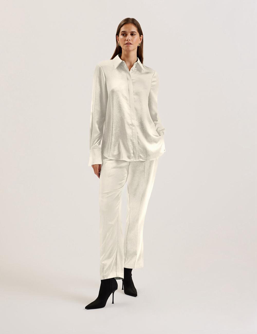 Women Ted Baker SONORA - Satin Longline Covered Placket Formal Shirts Ivory | FOEP06589