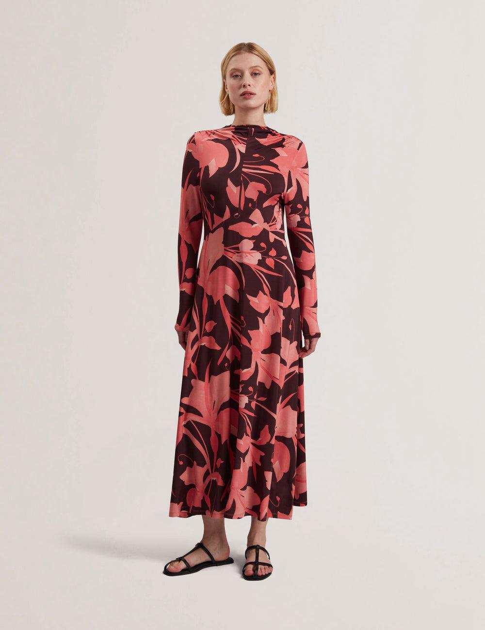 Women Ted Baker STARLAH - Slinky Printed Jersey Long Sleeve Midi Dresses Dk-Brown | PTDH36719