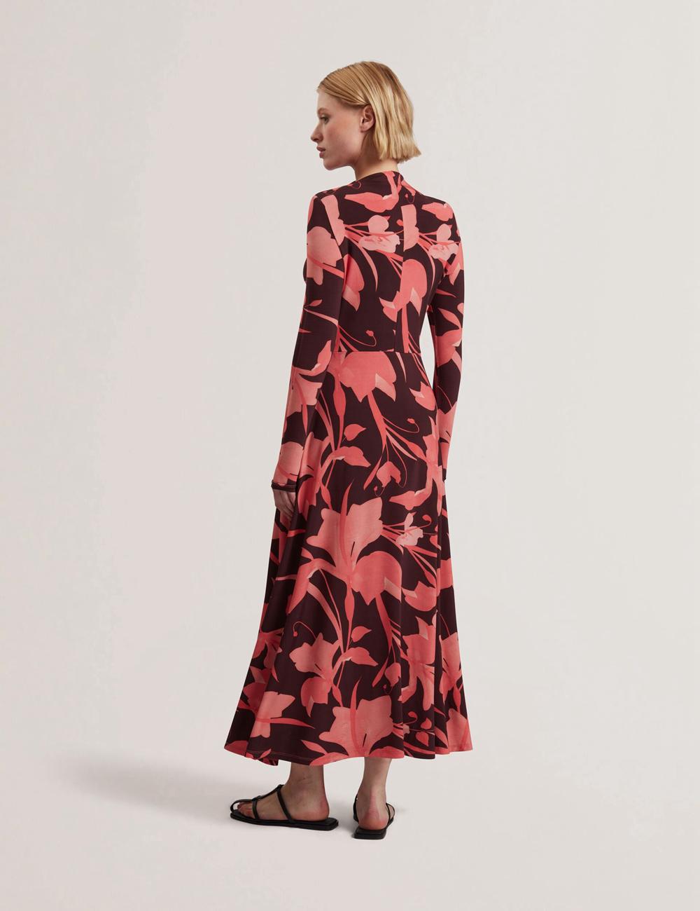 Women Ted Baker STARLAH - Slinky Printed Jersey Long Sleeve Midi Dresses Dk-Brown | PTDH36719
