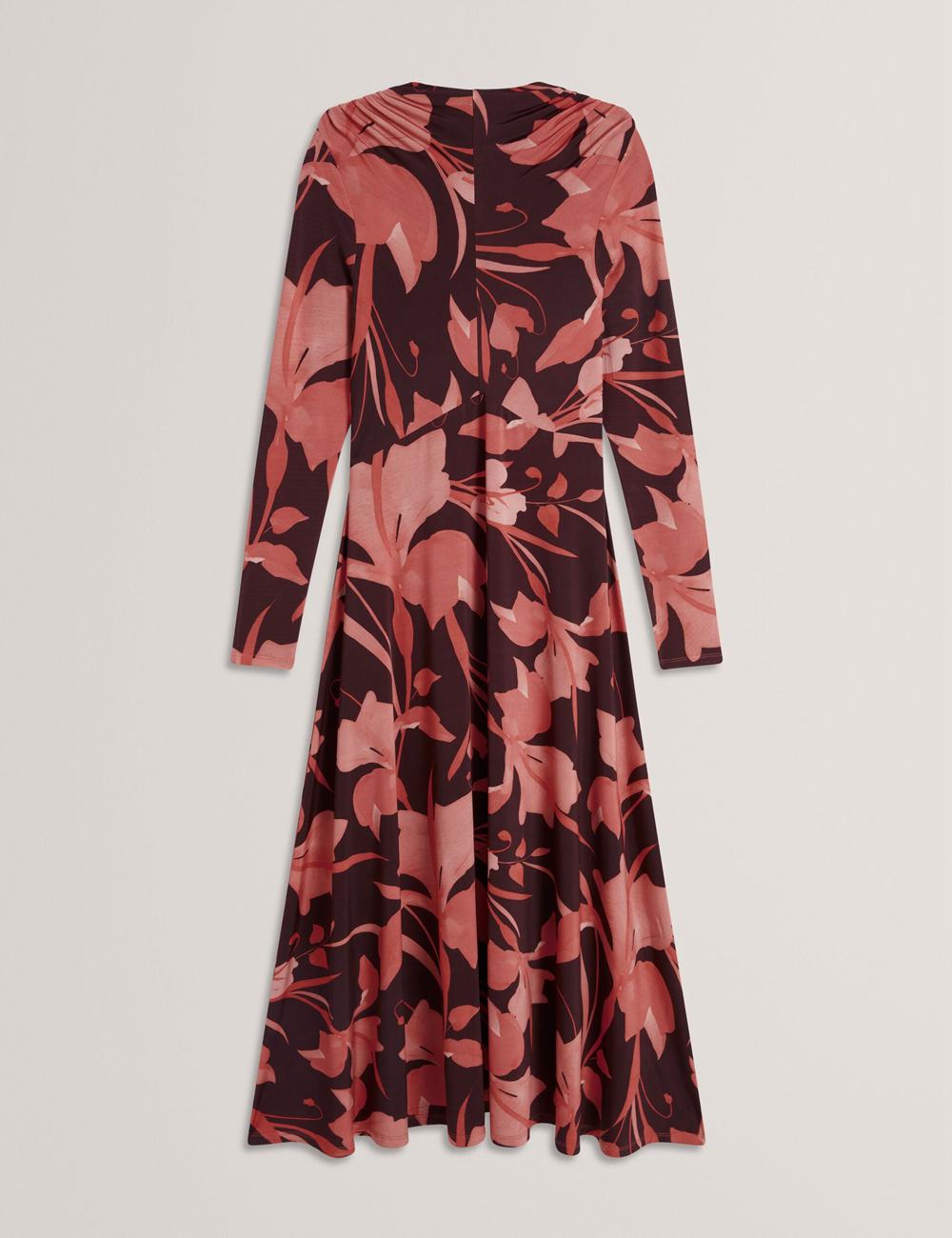 Women Ted Baker STARLAH - Slinky Printed Jersey Long Sleeve Midi Dresses Dk-Brown | PTDH36719