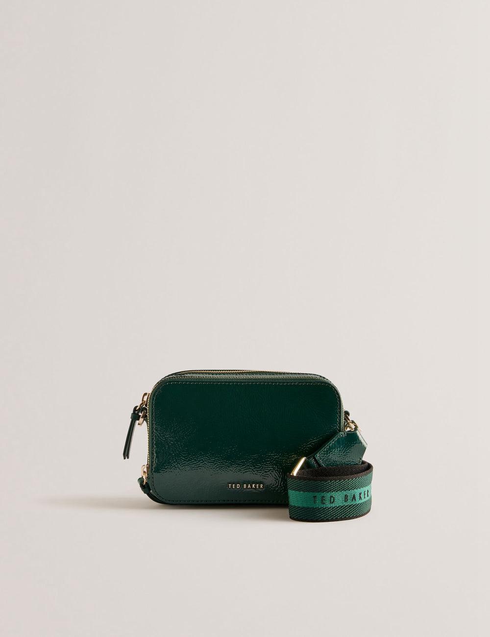 Women Ted Baker STUNWA - Patent Leather Webbing Camera Camera Bag Mid-Green | GTUX70138