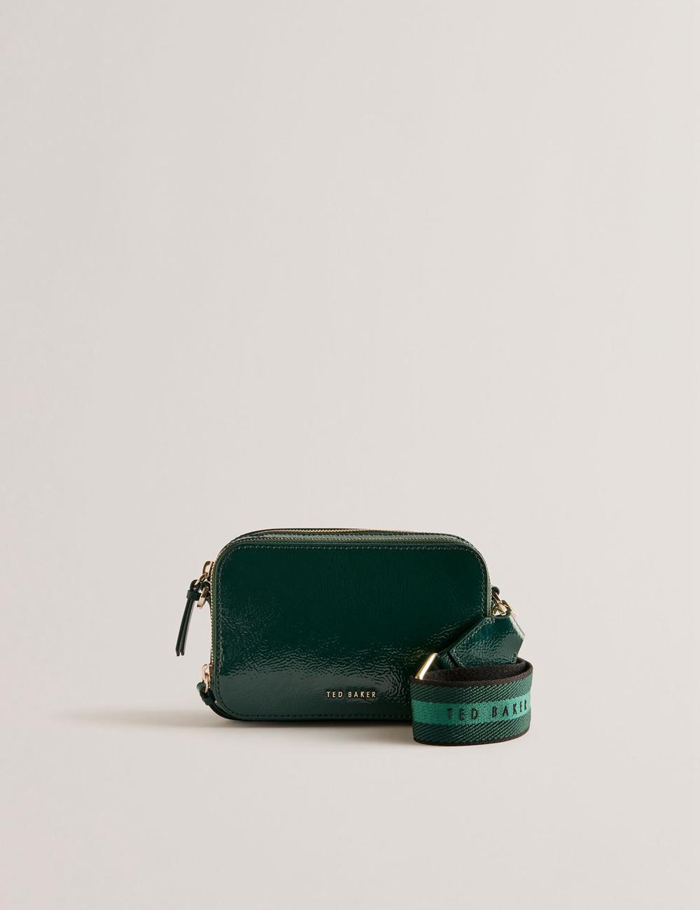 Women Ted Baker STUNWA - Patent Leather Webbing Camera Camera Bag Mid-Green | GTUX70138