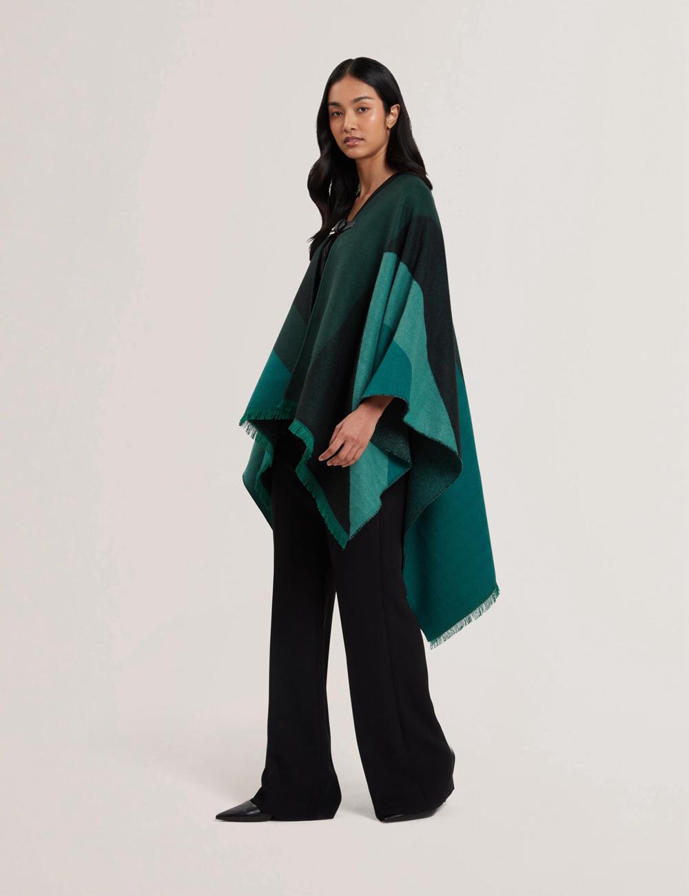 Women Ted Baker SUFFIA - Colour Block Buckled Woven Ponchos Dk-Green | RBZH39460