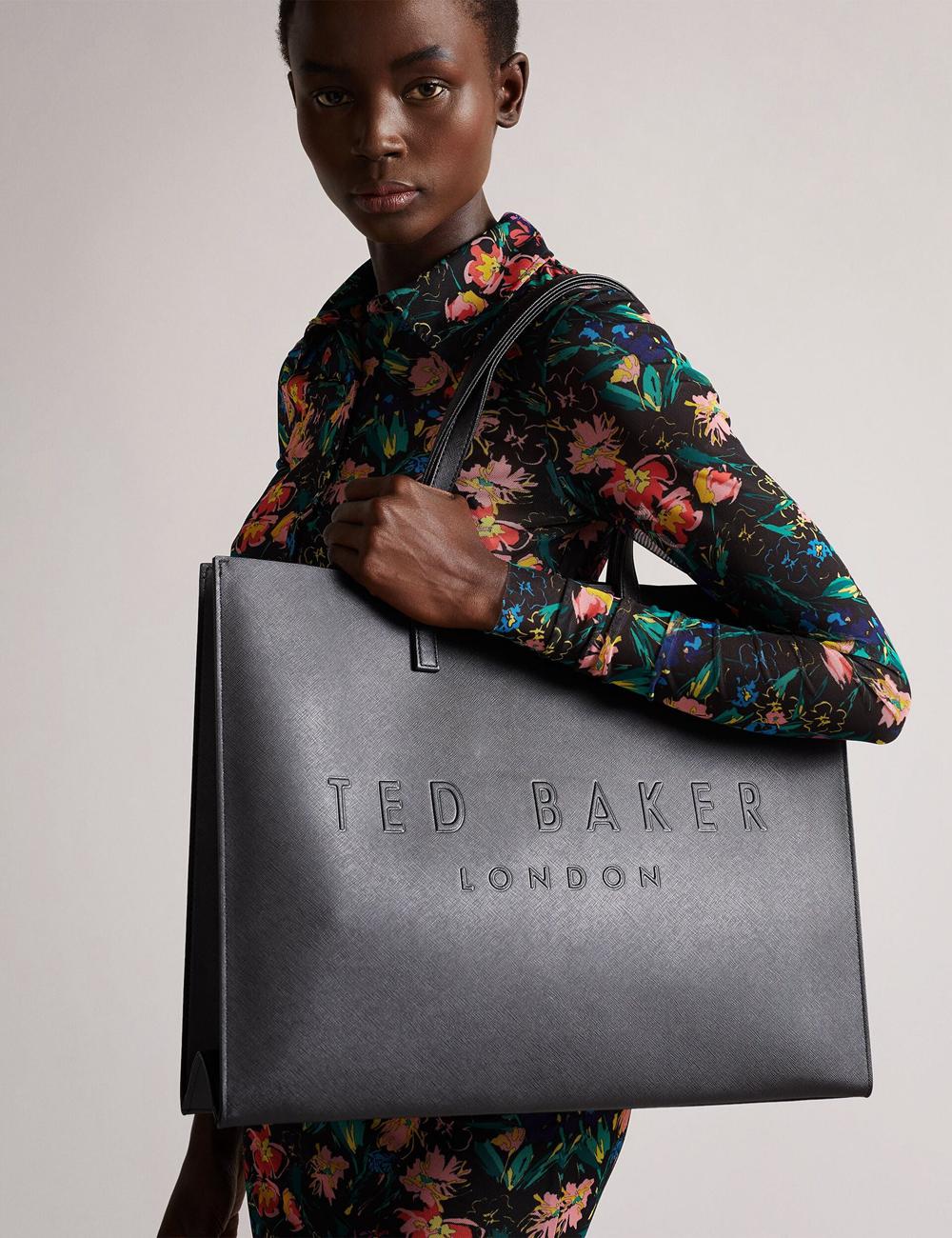 Women Ted Baker SUKICON - Textured Faux Leather Icon Tote Bags Black | MDKN76189