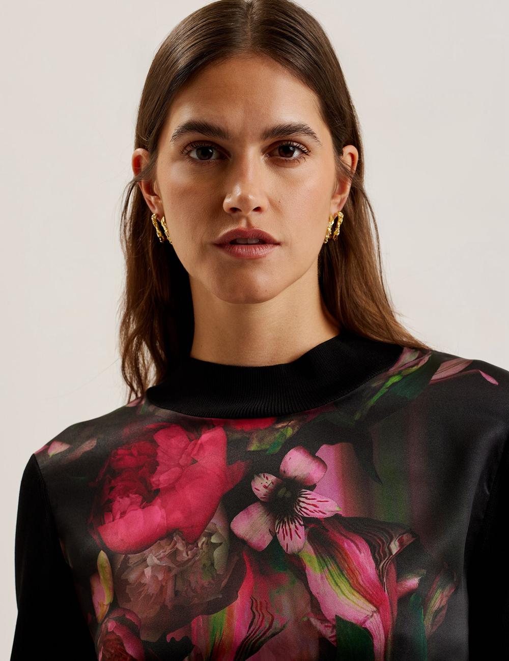Women Ted Baker TABITHR - Printed Panel Long Sleeve Knit Tops Black | URVS73281