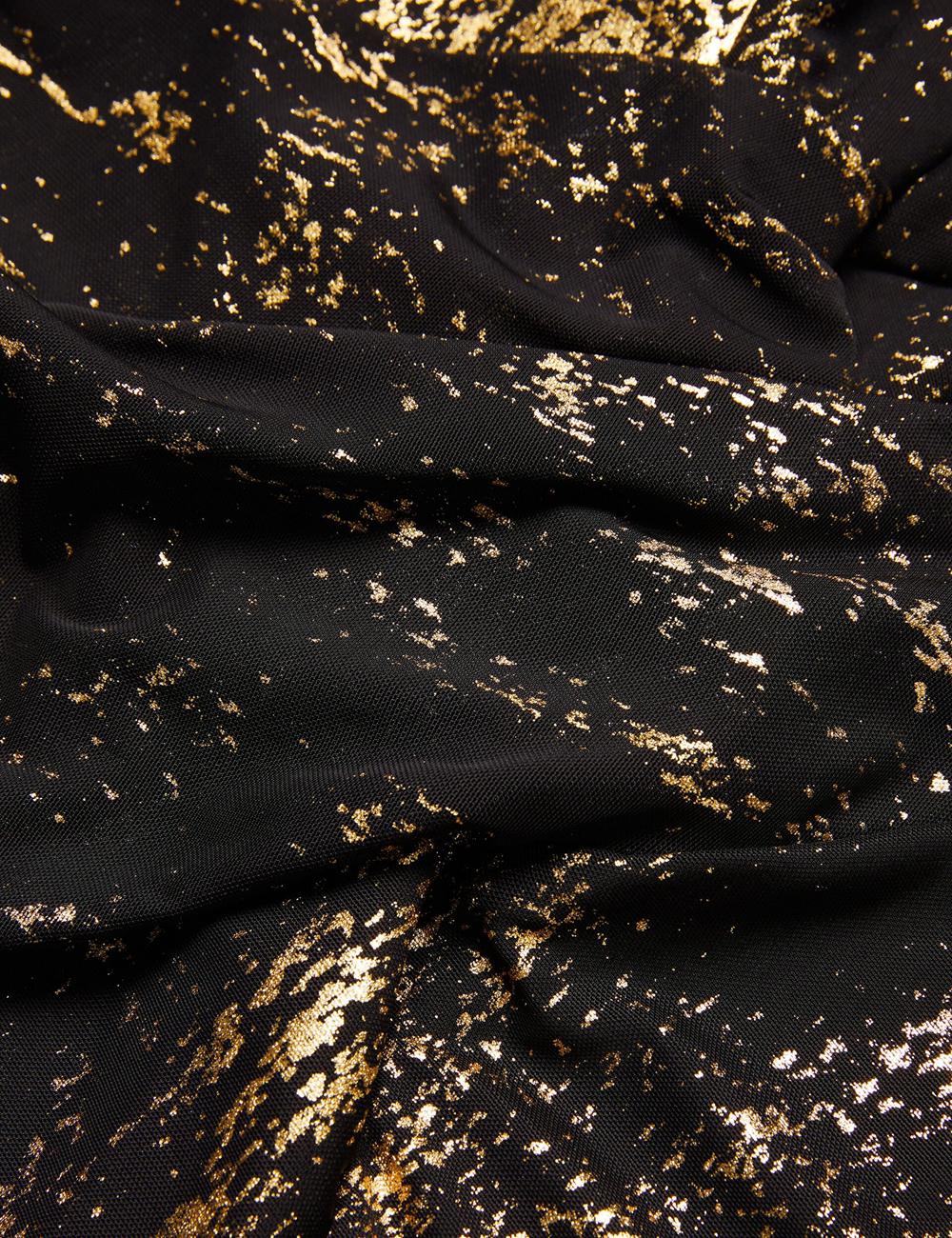 Women Ted Baker TALULAR - Bardot Foil Printed Mesh Tops Black | VCNJ54963