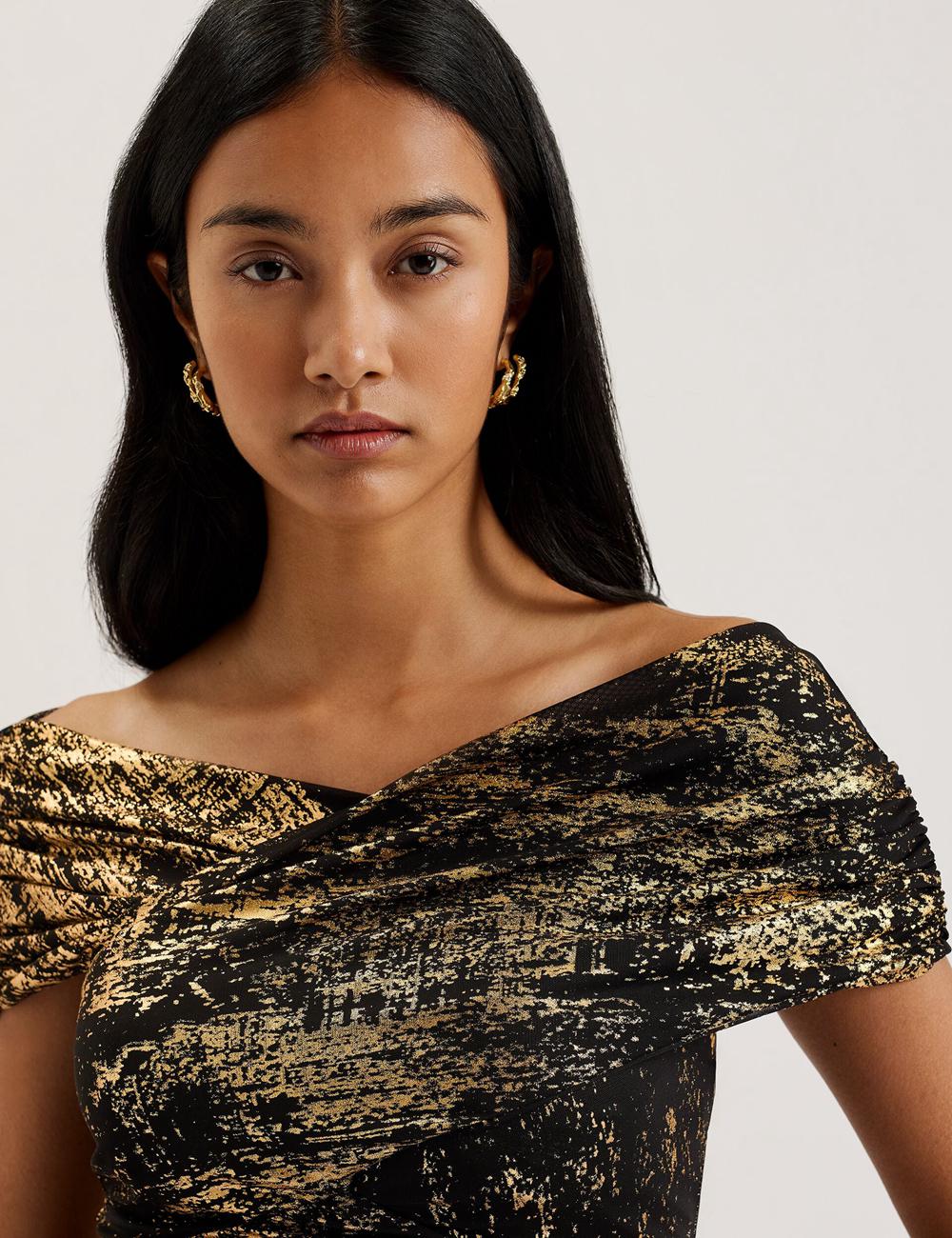 Women Ted Baker TALULAR - Bardot Foil Printed Mesh Tops Black | VCNJ54963