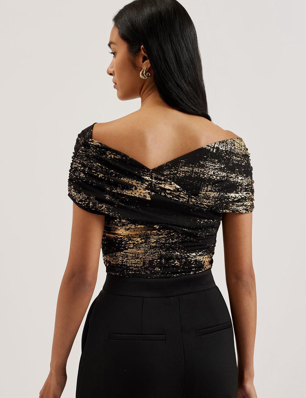 Women Ted Baker TALULAR - Bardot Foil Printed Mesh Tops Black | VCNJ54963