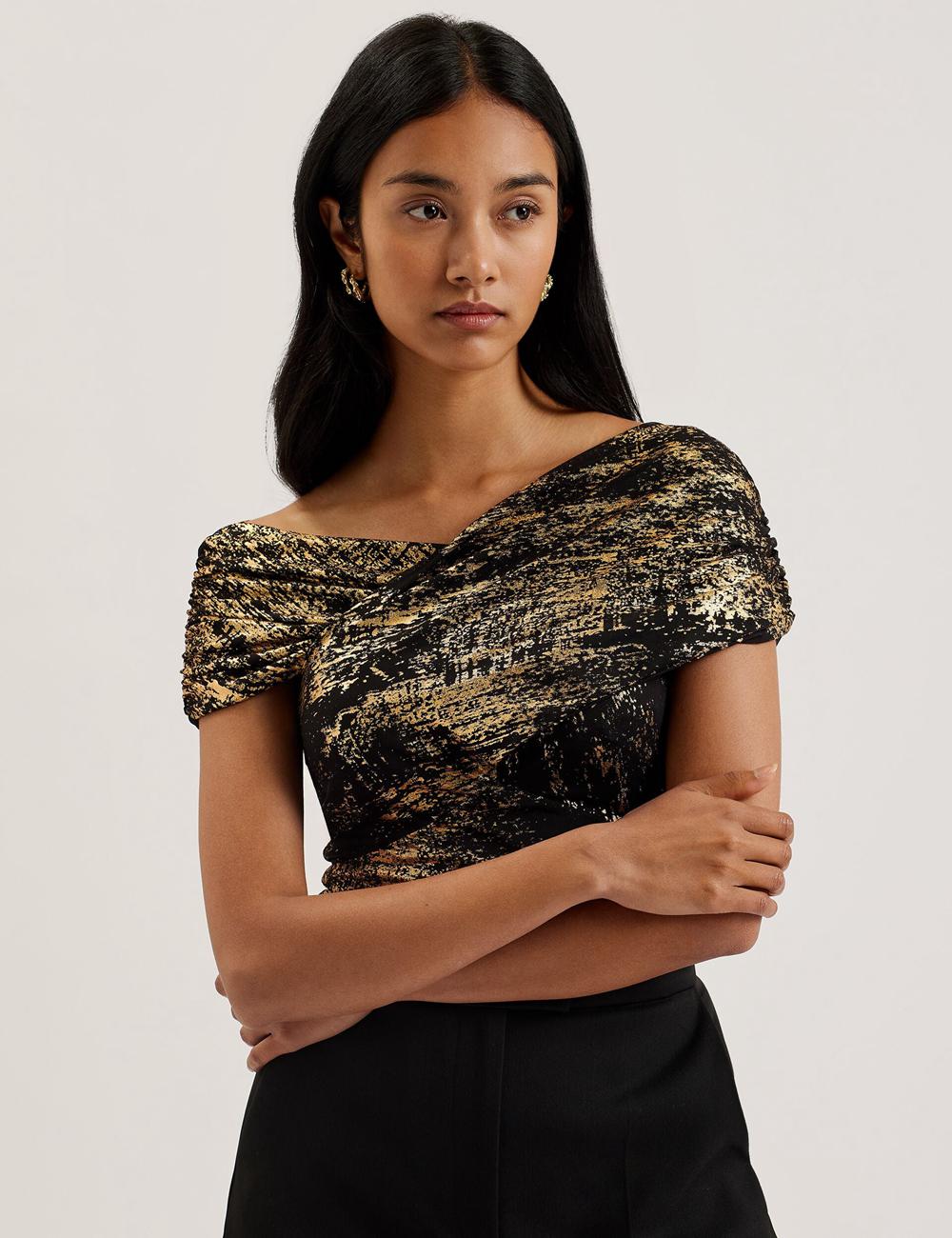 Women Ted Baker TALULAR - Bardot Foil Printed Mesh Tops Black | VCNJ54963