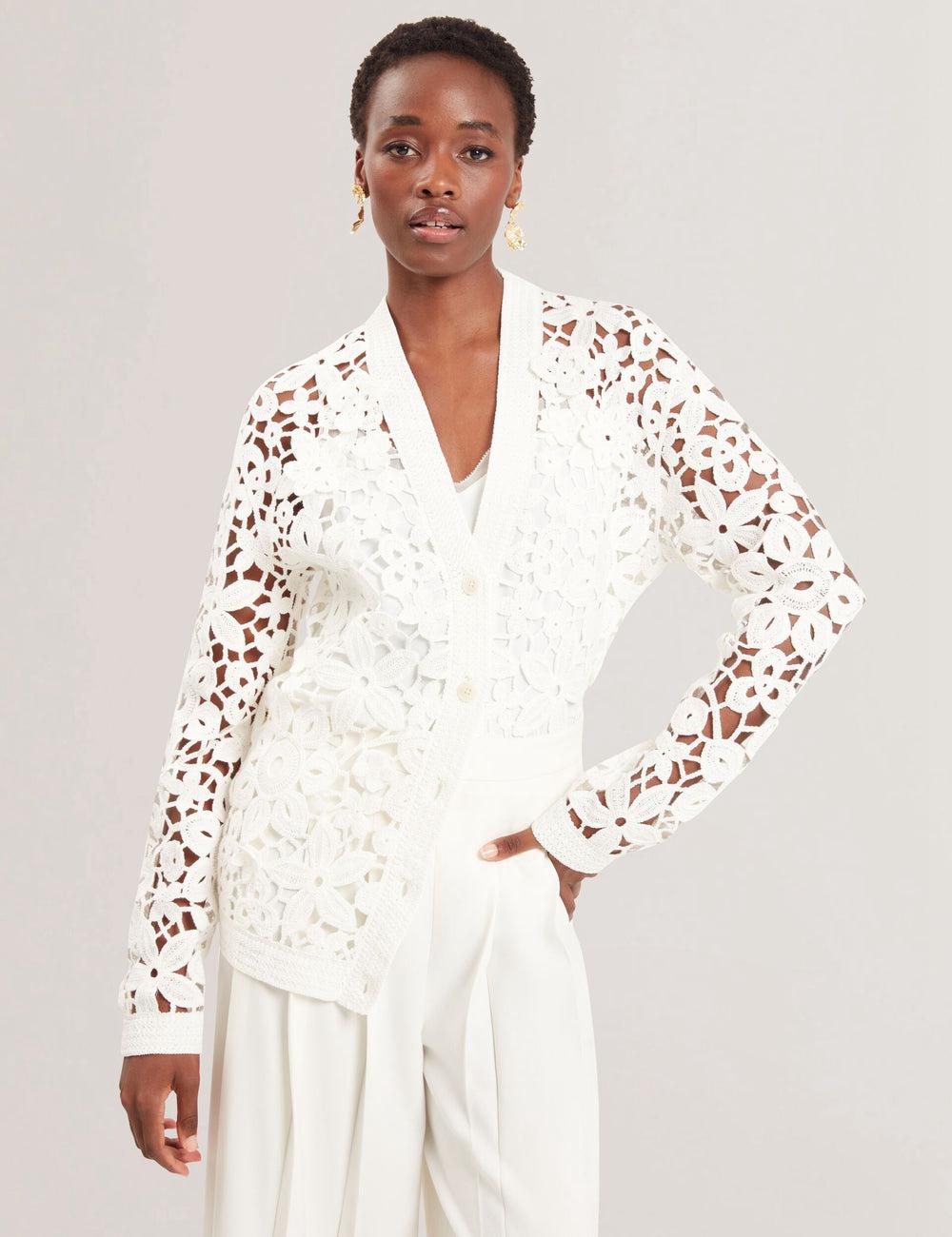 Women Ted Baker TARLI - Crochet Open Knit Longline Cardigans White | NCHZ04731