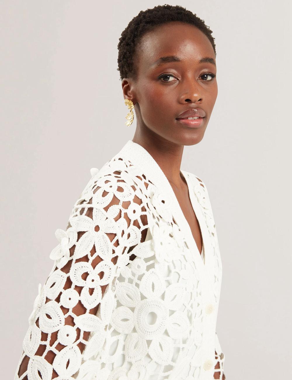 Women Ted Baker TARLI - Crochet Open Knit Longline Cardigans White | NCHZ04731