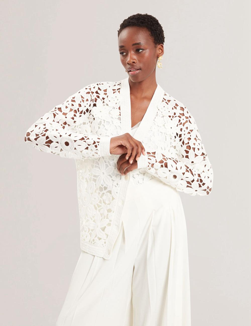 Women Ted Baker TARLI - Crochet Open Knit Longline Cardigans White | NCHZ04731