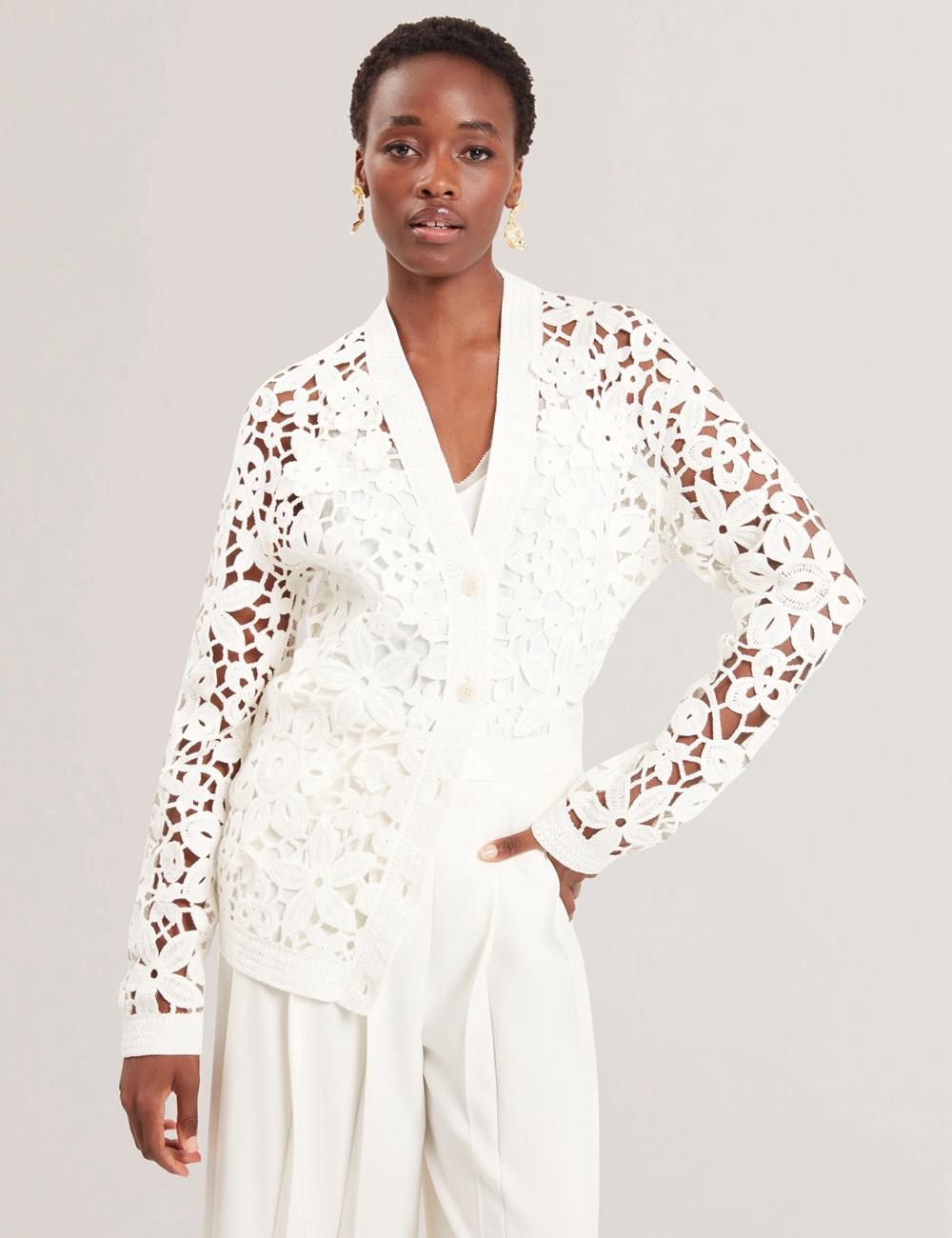 Women Ted Baker TARLI - Crochet Open Knit Longline Cardigans White | NCHZ04731