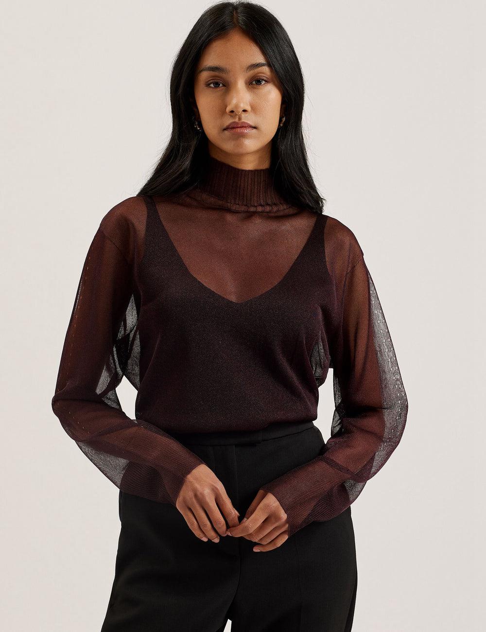 Women Ted Baker TAYLAW - Shimmer Sheer Knit Funnel Neck Top Jumpers Red | FSEI38456
