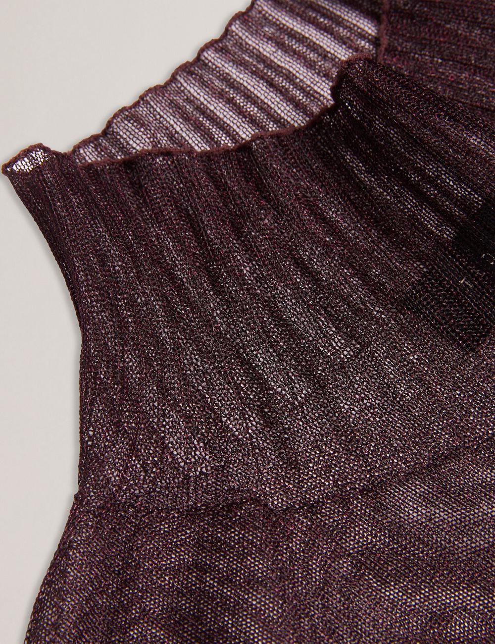 Women Ted Baker TAYLAW - Shimmer Sheer Knit Funnel Neck Top Jumpers Red | FSEI38456