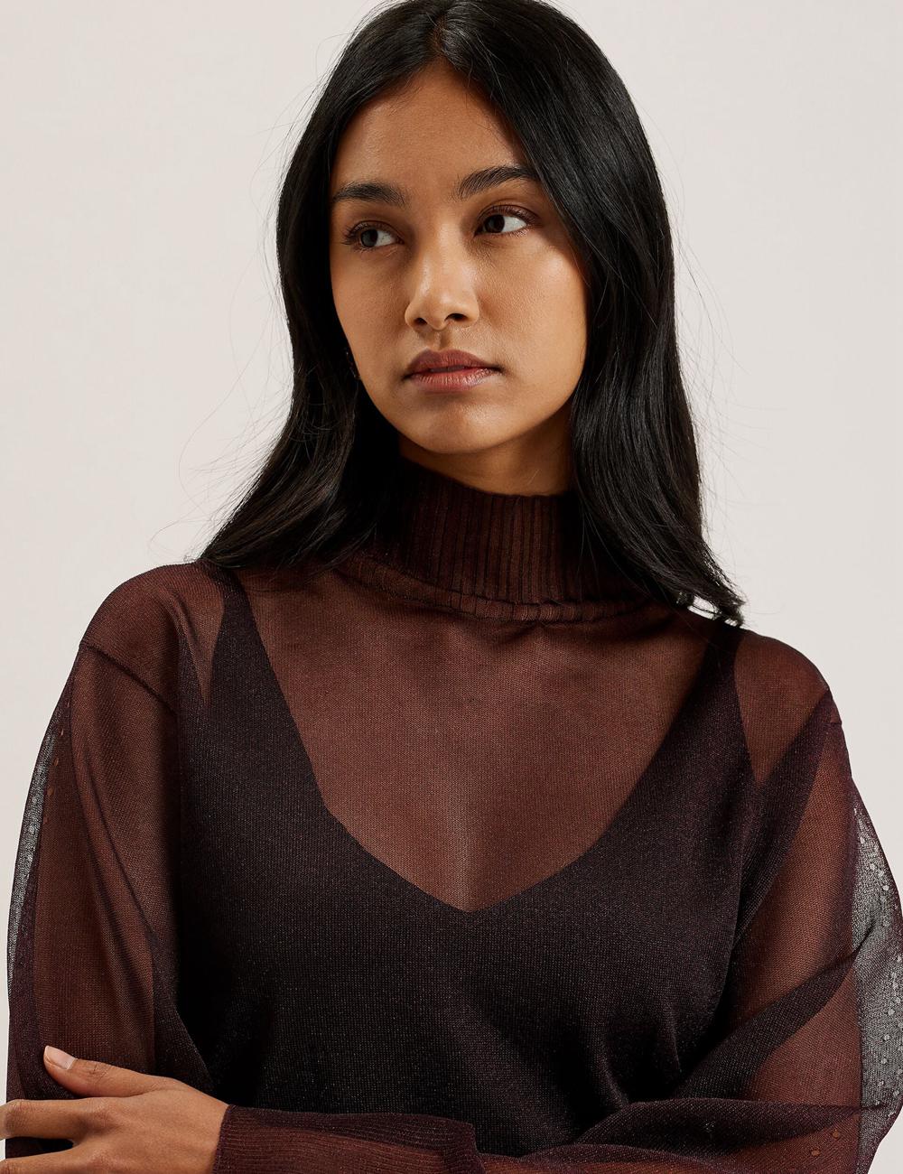 Women Ted Baker TAYLAW - Shimmer Sheer Knit Funnel Neck Top Jumpers Red | FSEI38456