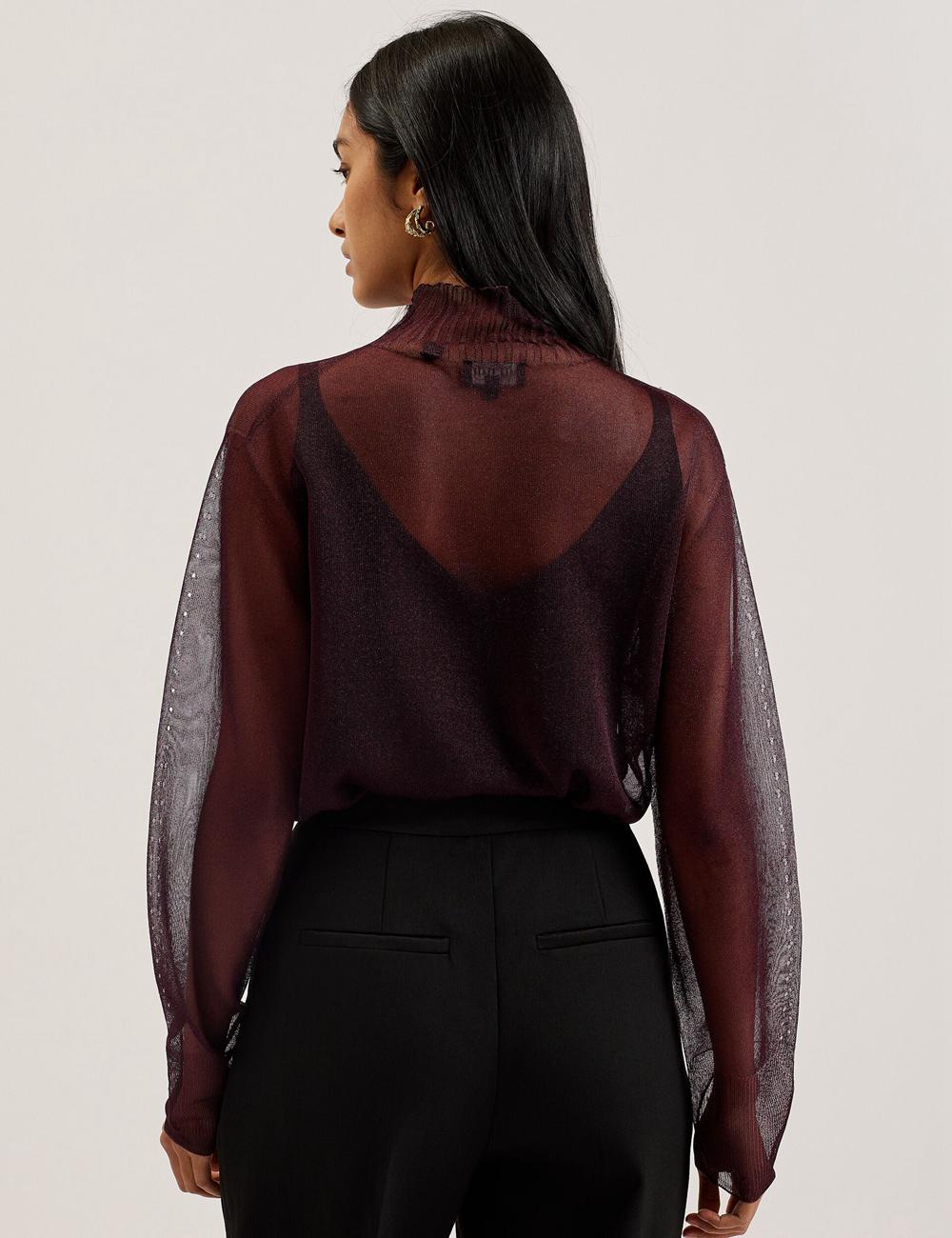 Women Ted Baker TAYLAW - Shimmer Sheer Knit Funnel Neck Top Jumpers Red | FSEI38456