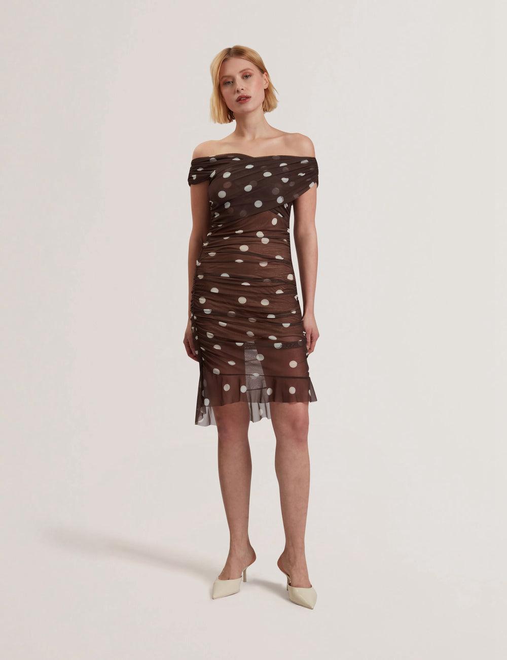 Women Ted Baker TILDAHH - Off-Shoulder Polka Dot Mesh Mini Dresses Dk-Brown | OWVD37504