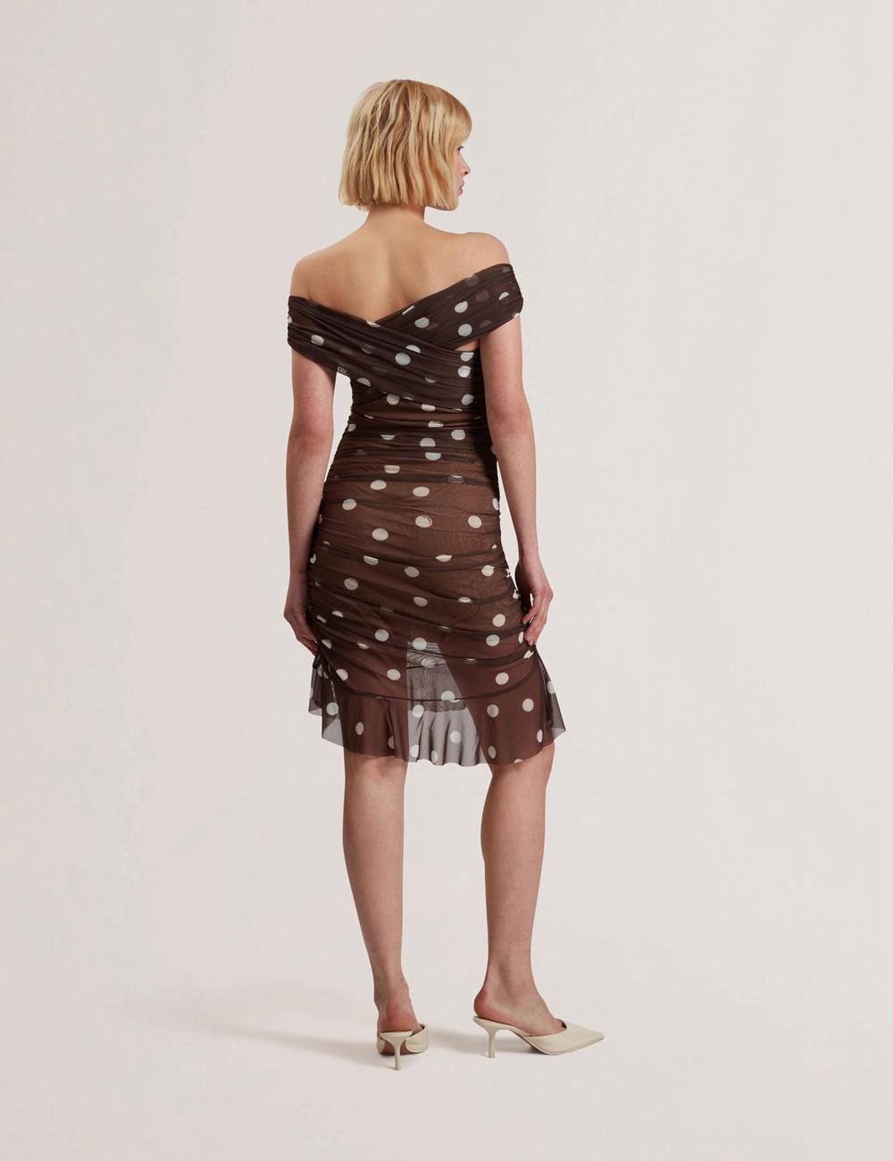 Women Ted Baker TILDAHH - Off-Shoulder Polka Dot Mesh Mini Dresses Dk-Brown | OWVD37504