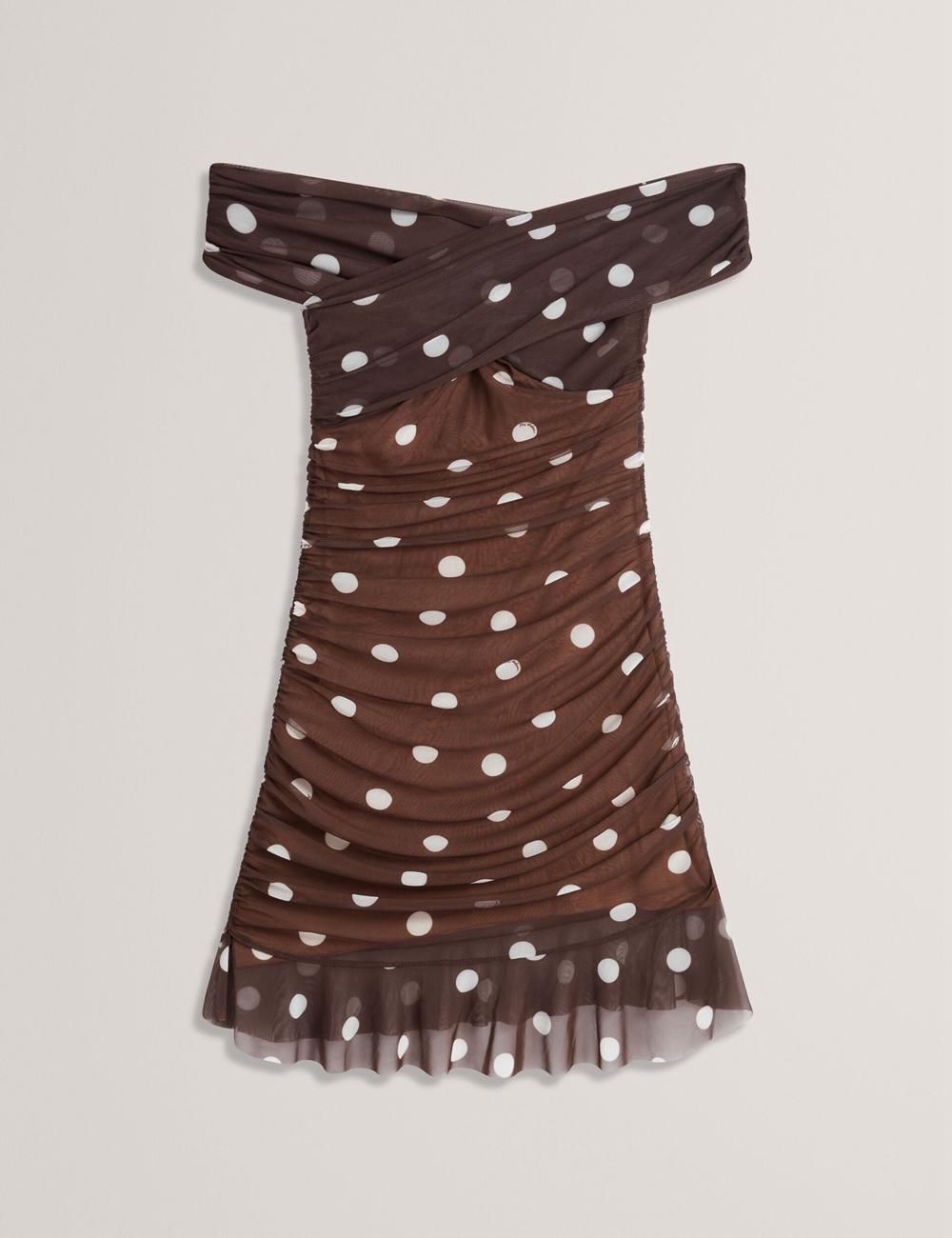 Women Ted Baker TILDAHH - Off-Shoulder Polka Dot Mesh Mini Dresses Dk-Brown | OWVD37504