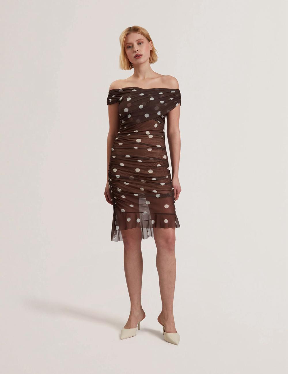 Women Ted Baker TILDAHH - Off-Shoulder Polka Dot Mesh Mini Dresses Dk-Brown | OWVD37504
