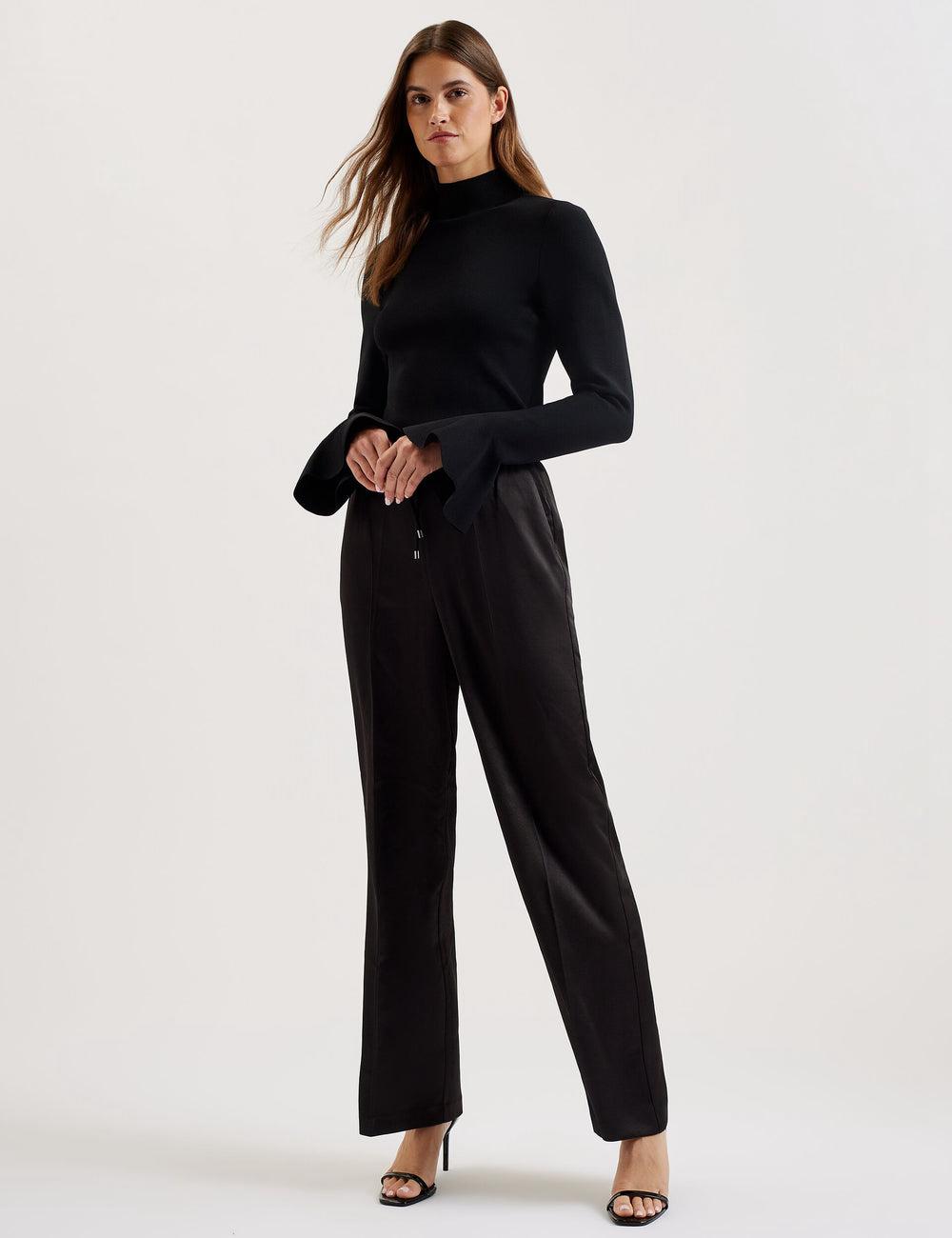 Women Ted Baker UMAIBO - Satin Wide Leg Drawstring Joggers Trousers Black | JUFD31529