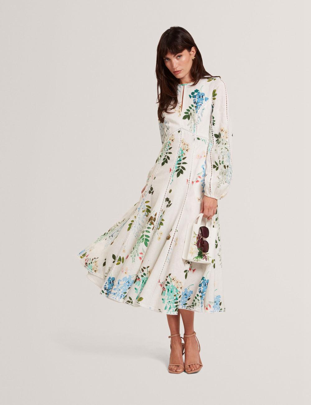 Women Ted Baker UTALA - Floral Crochet Trim Linen Midi Dresses White | JUZQ74980