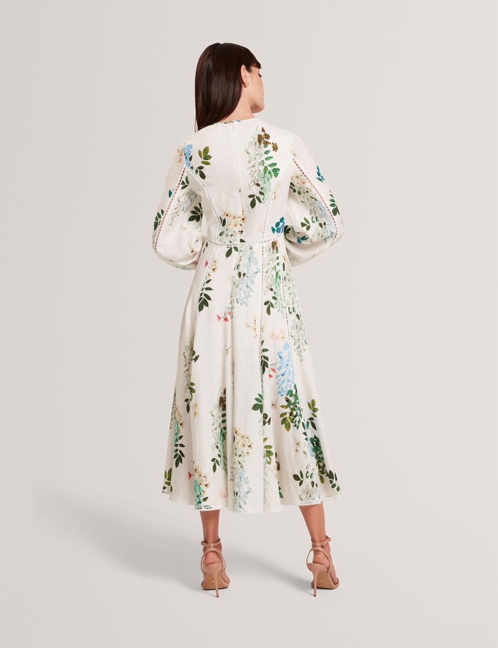 Women Ted Baker UTALA - Floral Crochet Trim Linen Midi Dresses White | JUZQ74980