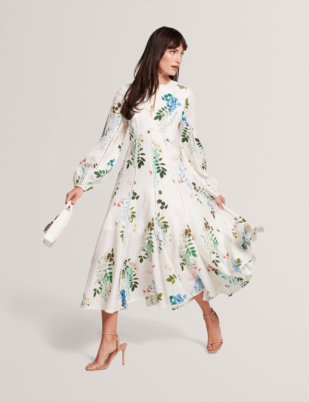 Women Ted Baker UTALA - Floral Crochet Trim Linen Midi Dresses White | JUZQ74980