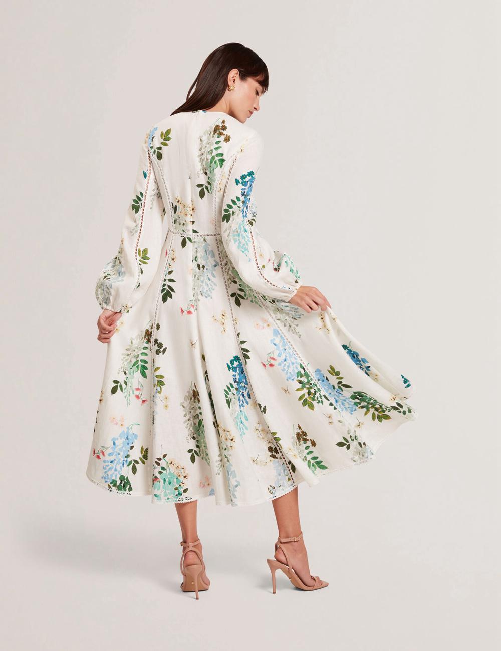 Women Ted Baker UTALA - Floral Crochet Trim Linen Midi Dresses White | JUZQ74980