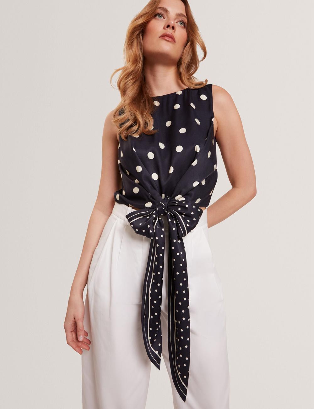Women Ted Baker VEIRAA - Polka Dot Front Sleeveless Crop Tops Navy | NEPD07289