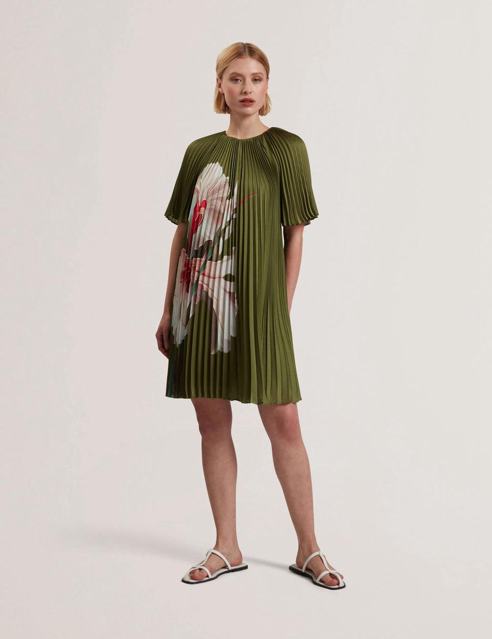 Women Ted Baker VINLAA - Floral Graphic Pleated Satin Mini Dresses Green | JHPV72403