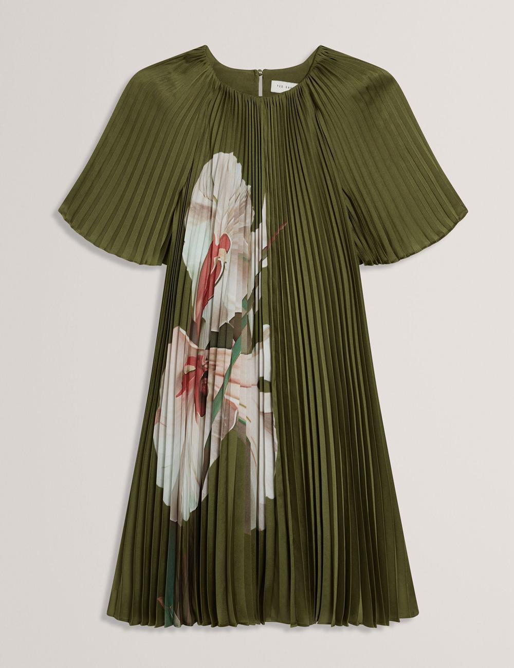 Women Ted Baker VINLAA - Floral Graphic Pleated Satin Mini Dresses Green | JHPV72403