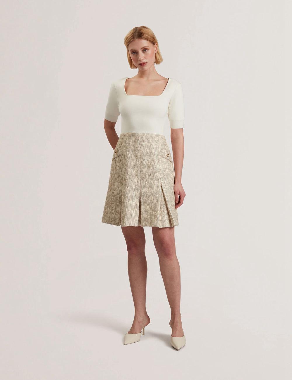 Women Ted Baker VULPAD - Pleated Boucle With Knit Bodice Mini Dresses Ivory | OZDC93821