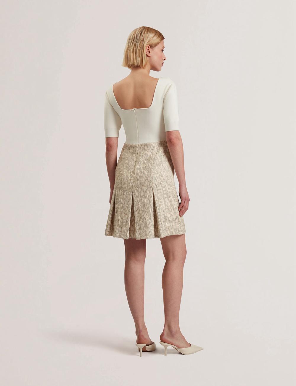 Women Ted Baker VULPAD - Pleated Boucle With Knit Bodice Mini Dresses Ivory | OZDC93821