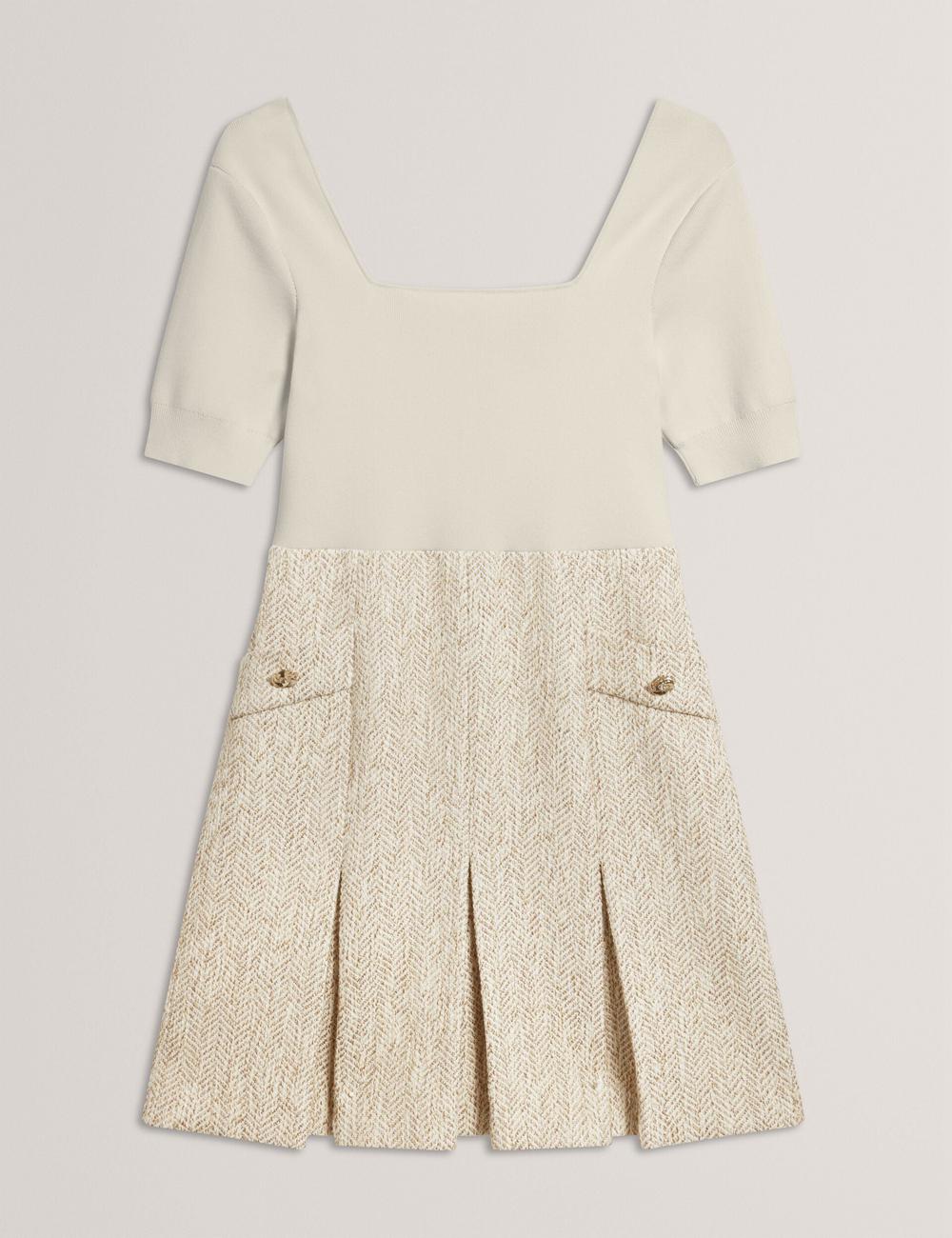 Women Ted Baker VULPAD - Pleated Boucle With Knit Bodice Mini Dresses Ivory | OZDC93821